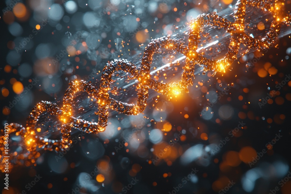 Poster Glowing Metallic Double Helix in Abstract Bokeh Background