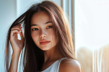 Fototapeta premium Portrait of a Young Beautiful Asian Woman with Straight Hair, Natural Makeup, and a Soft Expression in Natural Daylight