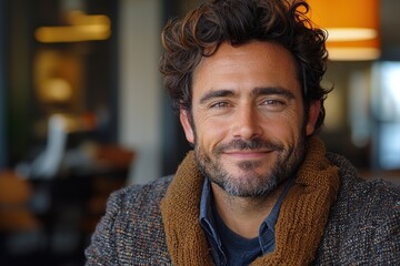 Obraz premium A Smiling Man With Curly Hair Wearing a Brown Scarf