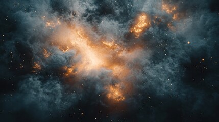 Abstract cosmic background with swirling clouds of gas and dust, illuminated by distant stars.
