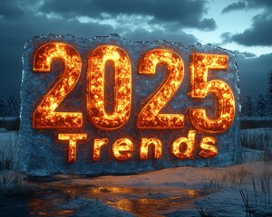 Bold 2025 trends displayed in glowing letters against a winter landscape at sunset