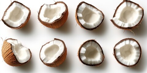 Eight Coconut Halves Arranged on a White Surface