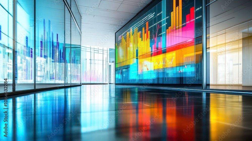Poster a modern office space with a large screen displaying colorful data charts, reflecting in polished fl