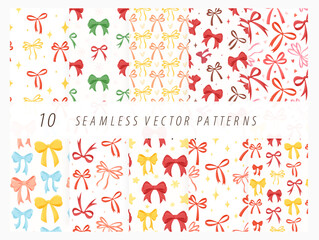 Set of Seamless patterns with various cartoon bow knots, gift ribbons. Trendy hair braiding accessory. Hand drawn vector illustration. Holiday background.