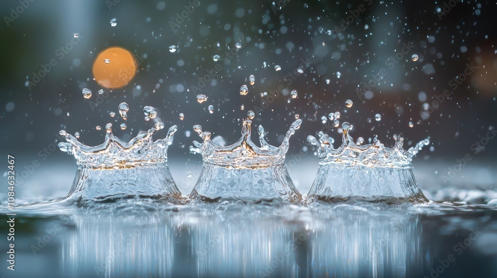 Poster three water droplet splashes in a row