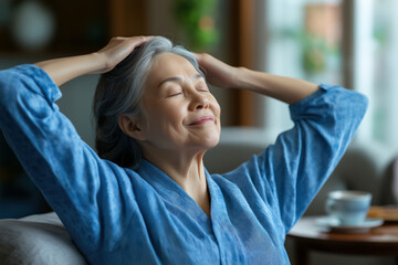 Relaxed senior woman stretching and smiling peacefully in a cozy home setting