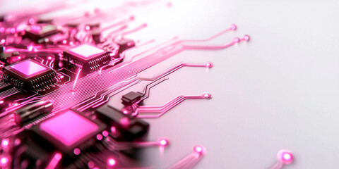 Global network, pink representing digital connections with interconnected circuits and nodes, symbolizing global communication and modern technological connectivity.