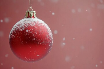 A single red ornament hanging delicately from a string against a blurred background.