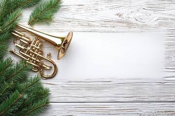 A trumpet and pine branch elegantly placed on a white wooden table.