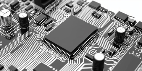 Global network, representing digital connections with interconnected circuits and nodes, symbolizing global communication and modern technological connectivity. Black and White. 