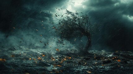 Obraz premium A lone tree stands strong against a stormy sky, with leaves swirling in the wind and rain.