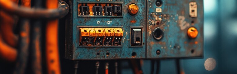 Rusty blue electrical control panel with switches and buttons.