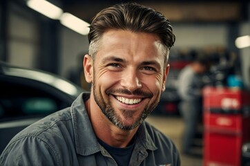 Expert mechanic in industrial attire standing near advanced equipment, smiling confidently. Ideal for campaigns related to technical skills or machine repair.
