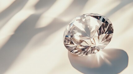 A single, brilliant-cut diamond, reflecting light on a white surface, casting a shadow.