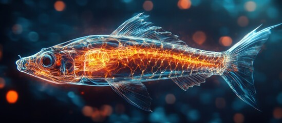 Transparent fish with glowing spine and fins against a blurred background of blue and orange lights.
