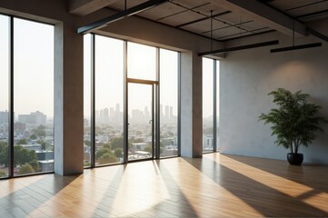 Fototapeta premium A well-lit room with wide windows, central plants, and a group seated at a table