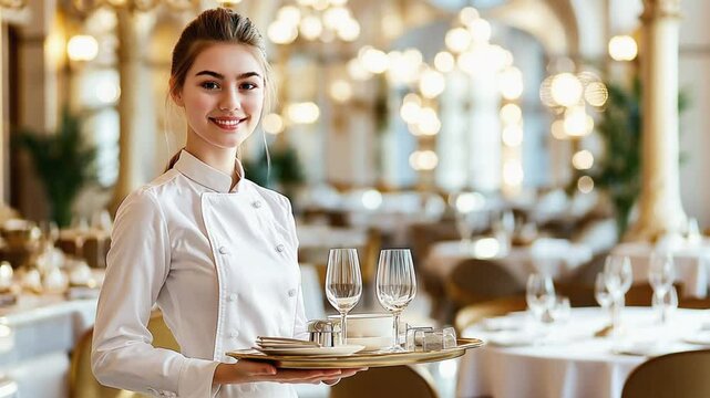 Elegant waiter serving champagne glasses in upscale restaurant setting.