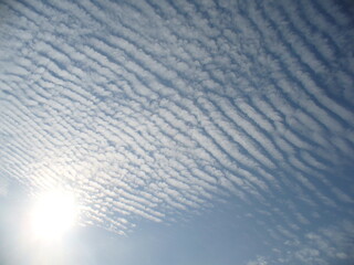 Sunny blue sky with sun and delicate Cirrocumulus undulatus clouds the shape of waves - natural background. Topics: pattern, weather, meteorology, sun energy, season, beauty of nature, air space