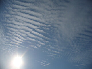 Sunny blue sky with sun and delicate Cirrocumulus undulatus clouds the shape of waves - natural background. Topics: pattern, weather, meteorology, sun energy, season, beauty of nature, air space