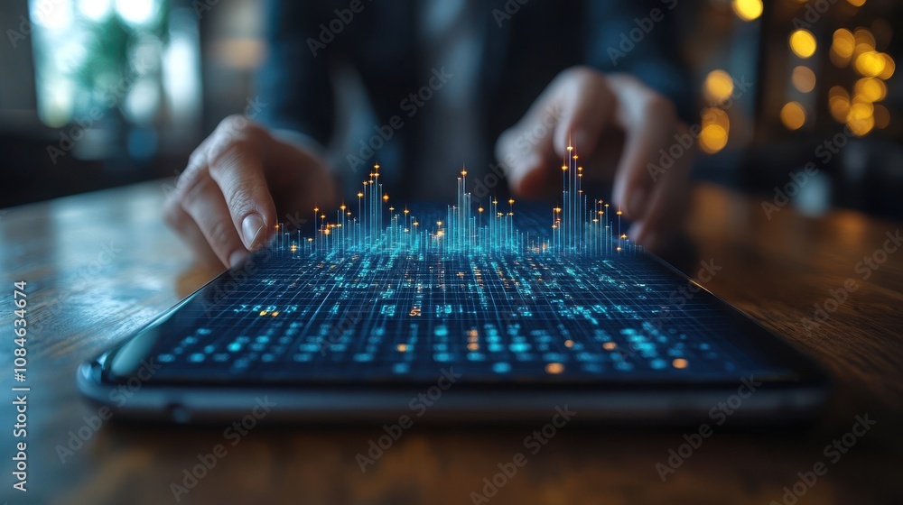 Poster a businessman or trader showing a growing virtual hologram stock on a smartphone indicating an inves