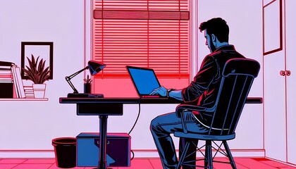 Fototapeta premium Man Typing on Laptop illustration in Minimal Study Room with Blinds and Red Diffused Light