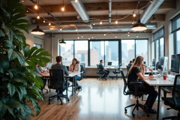 Fototapeta premium A modern room with a table of people, plants in the center, and large windows letting in light 