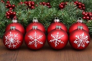 Festive red Christmas ornaments adorned with delicate white snowflakes displayed on a table.