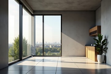Fototapeta premium A modern room with a table of people, plants in the center, and large windows letting in light 