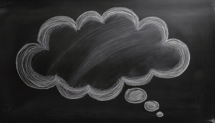 A hand-drawn of a thought blank bubble on a black chalkboard, suggesting a conceptual or imaginative theme.	