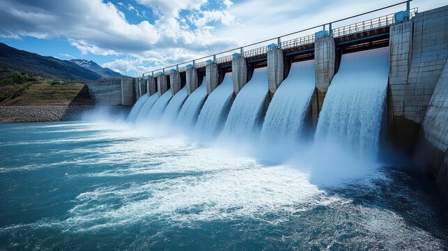 A hydroelectric dam generating power, with water cascading down, showcasing renewable energy from natural resources