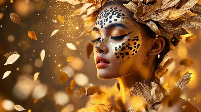 Model with leopard print face mask surrounded by golden autumn leaves, fashion and nature concept.
