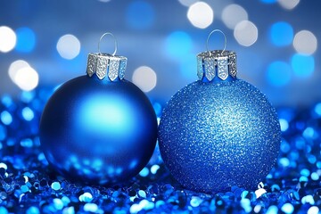 Two elegant blue Christmas ornaments standing out against a matching blue background.