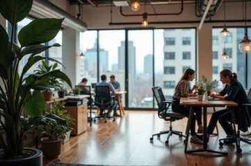 Fototapeta premium People sitting around a table in a plant-filled room with wide windows and a blurred background 