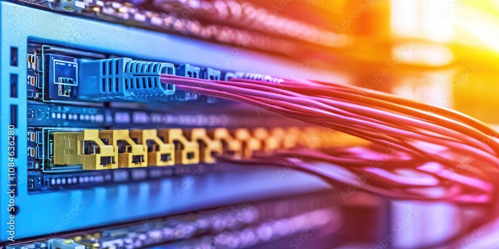Aufkleber close-up of network cables connected to a server rack