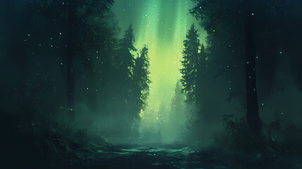 Fototapeta premium Aurora borealis in the forest. Aurora. Illustration