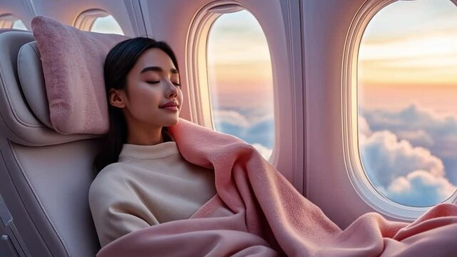 A young woman naps peacefully on a plane, wrapped in a pink blanket and gazing out the window at a beautiful sunset