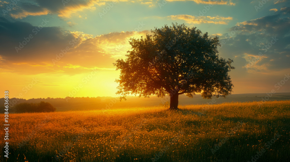 Poster a large tree is centered in a grassy field as the sun sets, casting warm golden hues over the landsc