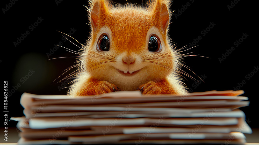 Poster a cute squirrel with a joyful expression perches behind a tall stack of papers, creating a delightfu