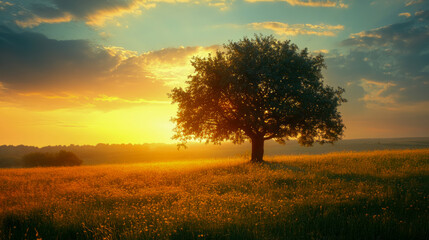 Obraz premium A large tree is centered in a grassy field as the sun sets, casting warm golden hues over the landscape and creating a tranquil atmosphere