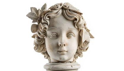 plaster head of an antique girl stands on a pedestal on a white background