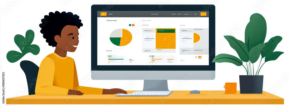 Poster a young individual engages with a digital dashboard displaying vibrant graphs and charts, working at