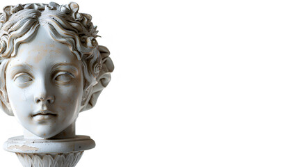 plaster head of an antique girl stands on a pedestal on a white background