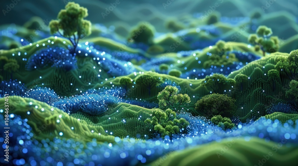 Aufkleber a 3d rendering of a lush green landscape with rolling hills and trees, with a bokeh effect of blue l