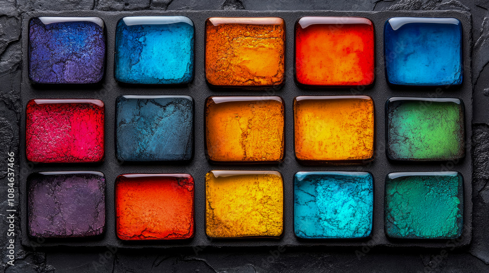 Poster a collection of bright watercolor paints is neatly organized on a palette, showcasing an array of co