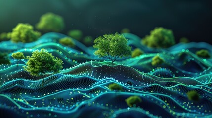 Fototapeta premium Abstract digital landscape with green trees and glowing lines.