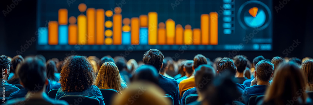 Poster a crowd of professionals attentively engages with a presentation featuring vibrant bar graphs and st