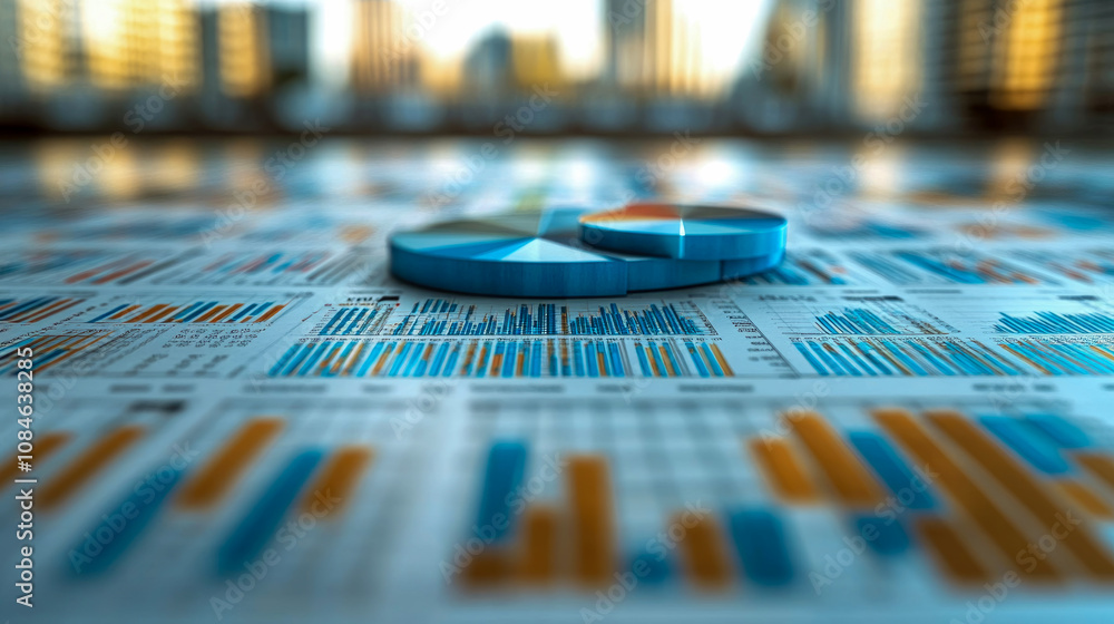 Poster a colorful arrangement of pie and bar charts displays business statistics on a table inside a skyscr