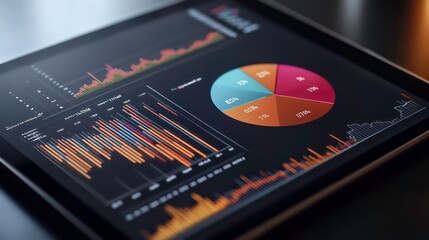 A dynamic 3D pie chart on a tablet, displayed alongside bar graphs and stock market trends, representing financial growth and investment performance.