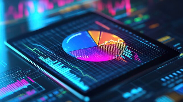 A dynamic 3D pie chart on a tablet, displayed alongside bar graphs and stock market trends, representing financial growth and investment performance.