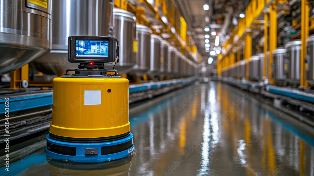 Poster a small yellow robot glides over a polished floor in a vast facility filled with large metallic tank